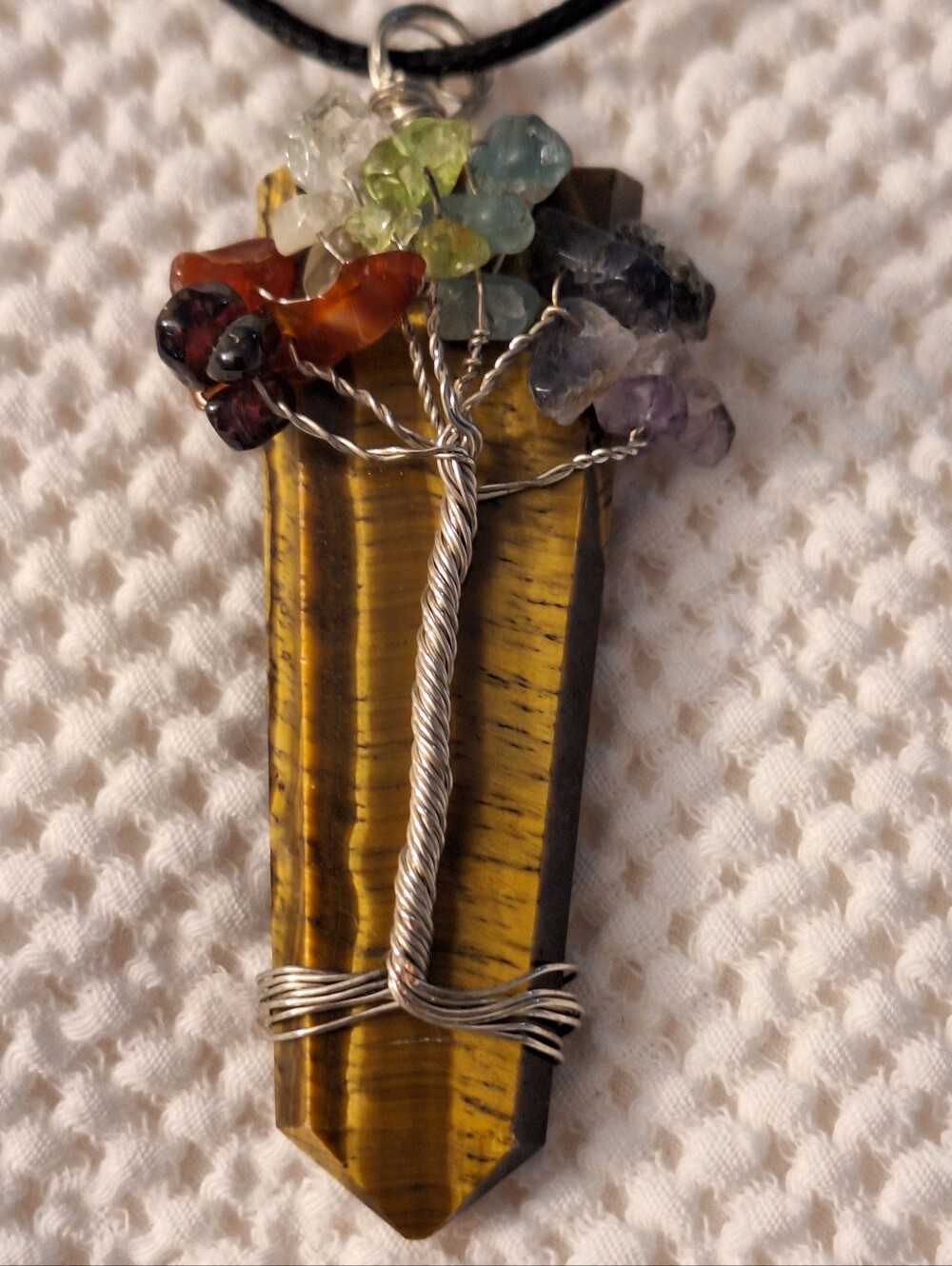 Tree Of Life Necklace Multi Gemstones On Tiger's Eye Stone